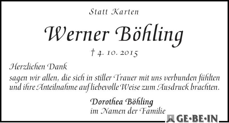 Traueranzeige von Werner Böhling von WESER-KURIER