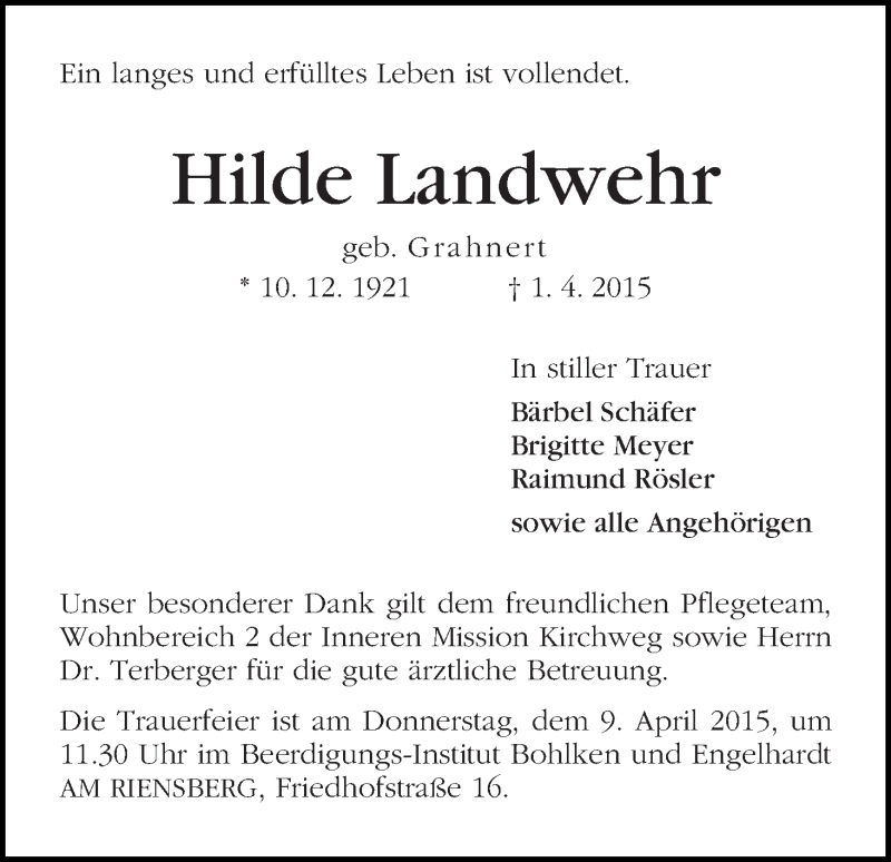 Traueranzeige von Hilde Landwehr von WESER-KURIER