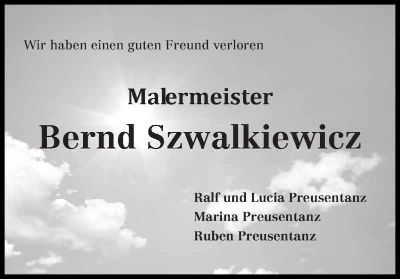 Traueranzeige von Bernd Szwalkiewicz von Die Norddeutsche