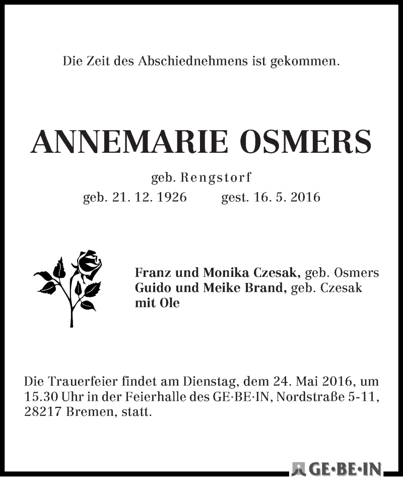 Traueranzeige von Annemarie Osmers von WESER-KURIER