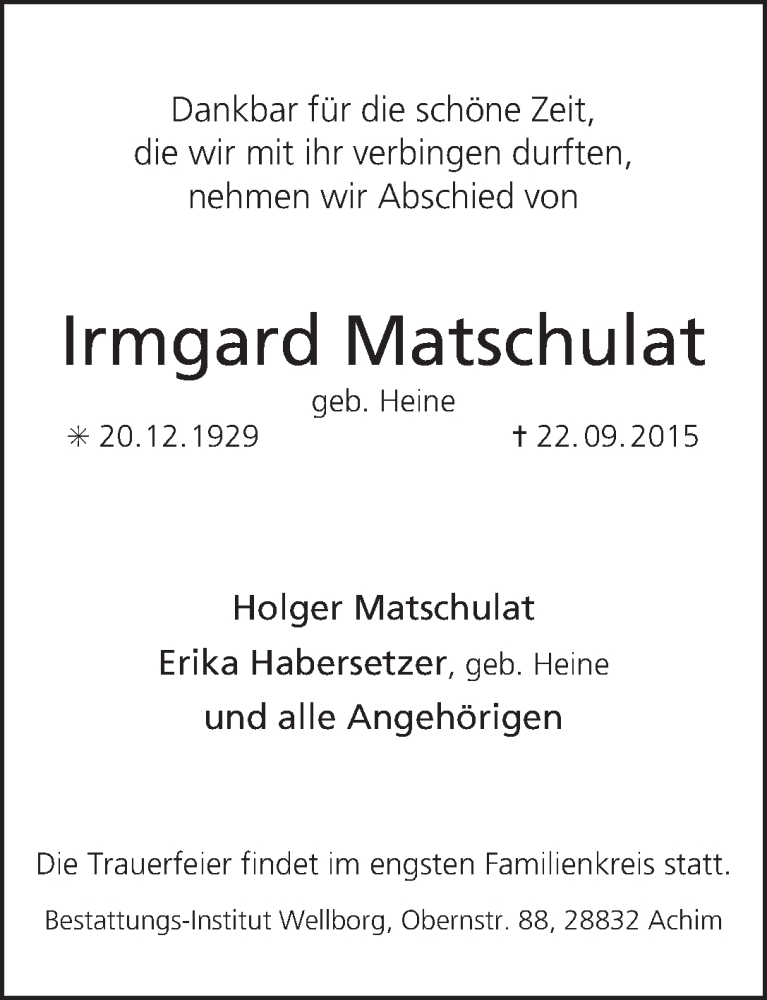 Traueranzeige von Irmgard Matschulat von WESER-KURIER
