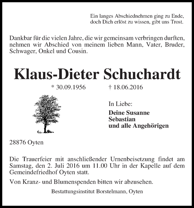 Traueranzeige von Klaus-Dieter Schuchardt von WESER-KURIER