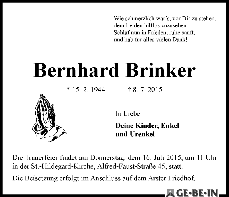 Traueranzeige von Bernhard Brinker von WESER-KURIER