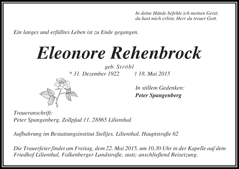 Traueranzeige von Eleonore Rehenbrock von Wuemme Zeitung