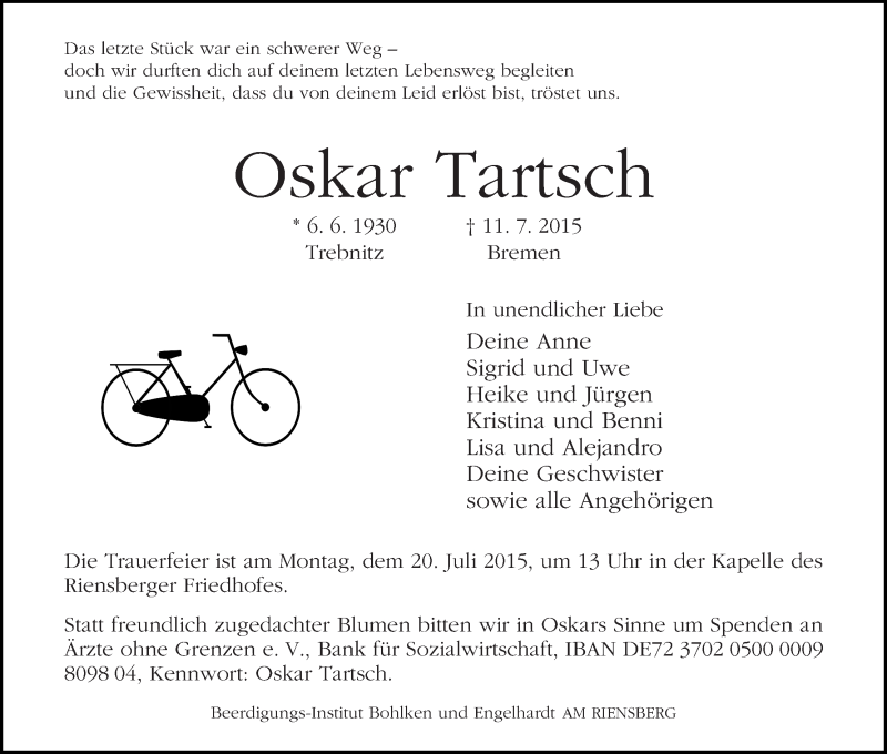 Traueranzeige von Oskar Tartsch von WESER-KURIER