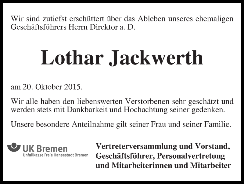 Traueranzeige von Lothar Jackwerth von WESER-KURIER