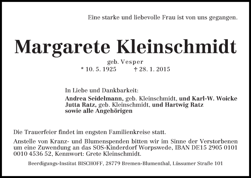 Traueranzeige von Margarete Kleinschmidt von Die Norddeutsche