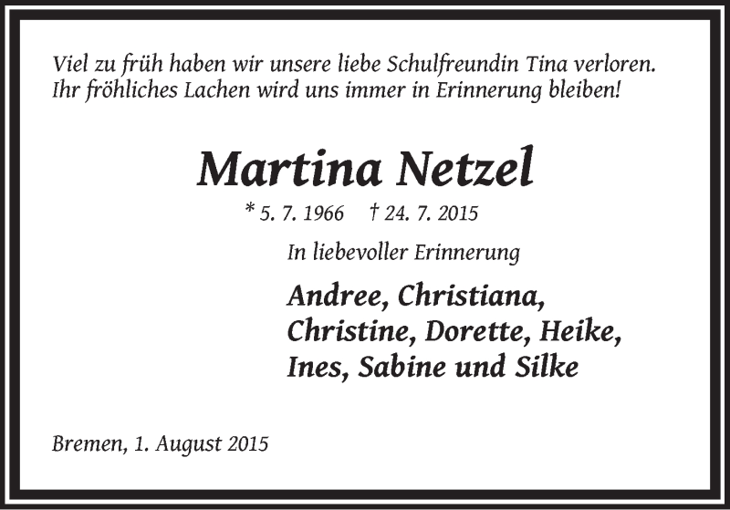 Traueranzeige von Martina Netzel von WESER-KURIER