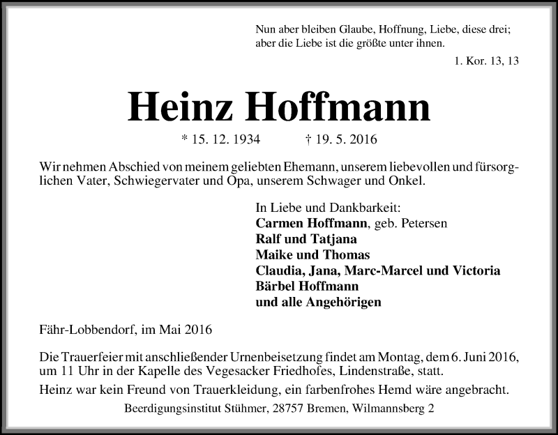 Traueranzeige von Heinz Hoffmann von Die Norddeutsche