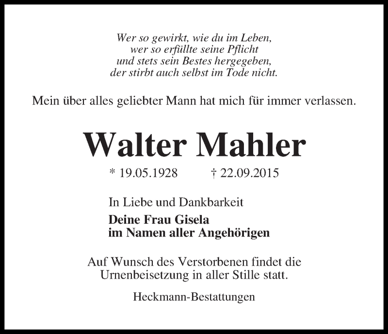 Traueranzeige von Walter Mahler von Die Norddeutsche