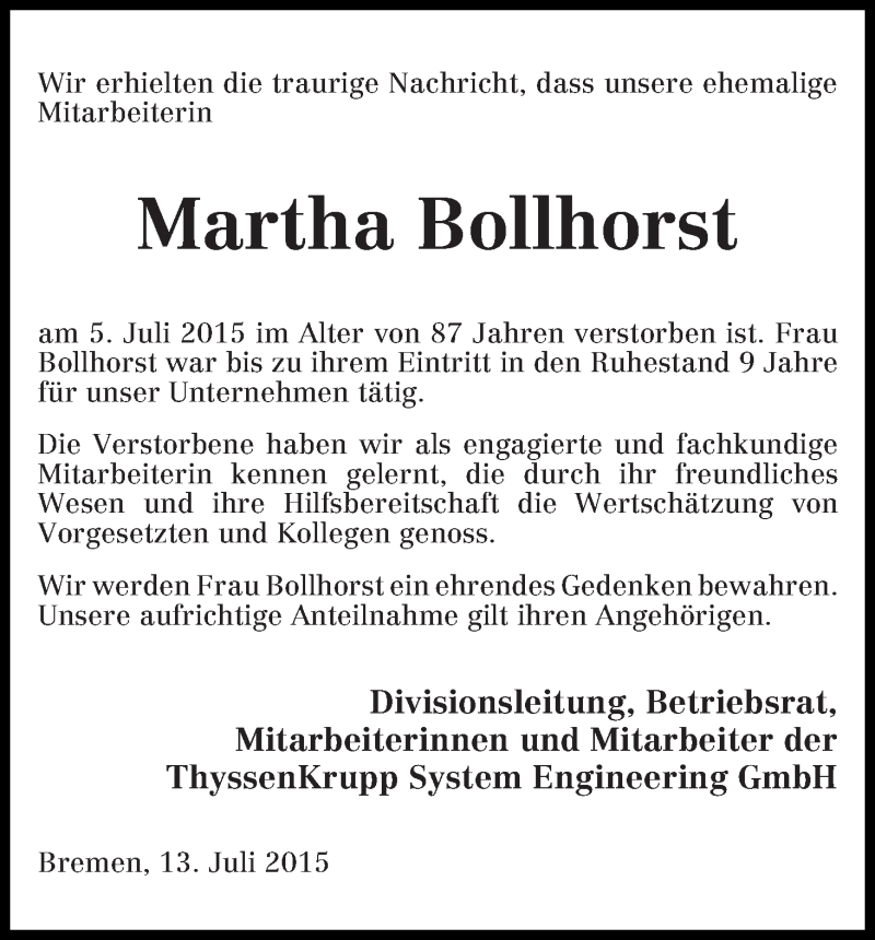 Traueranzeige von Martha Bollhorst von Die Norddeutsche