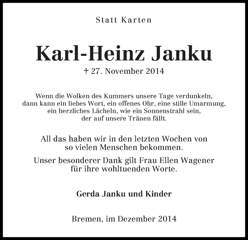 Traueranzeige von Karl-Heinz Janku von WESER-KURIER
