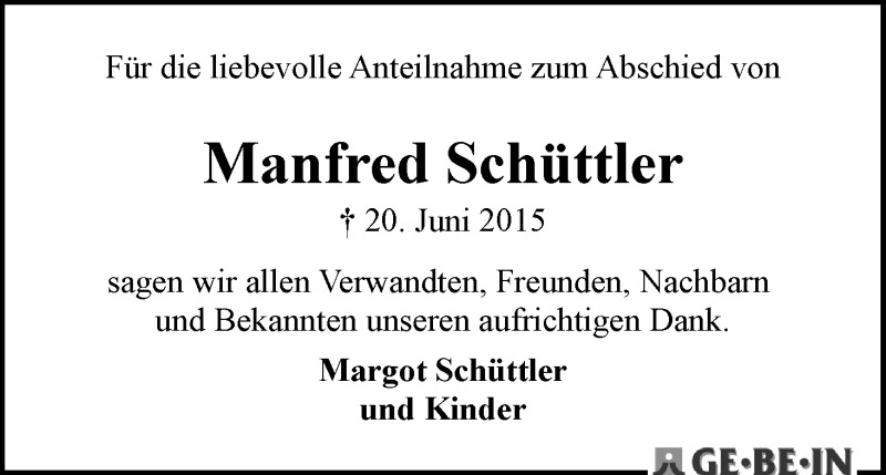 Traueranzeige von Manfred Schüttler von WESER-KURIER