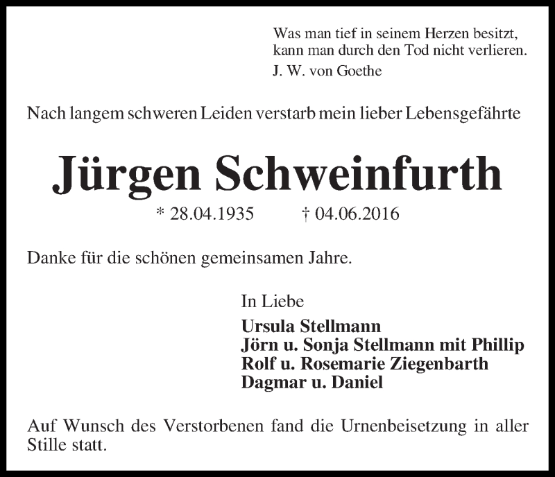 Traueranzeige von Jürgen Schweinfurth von WESER-KURIER