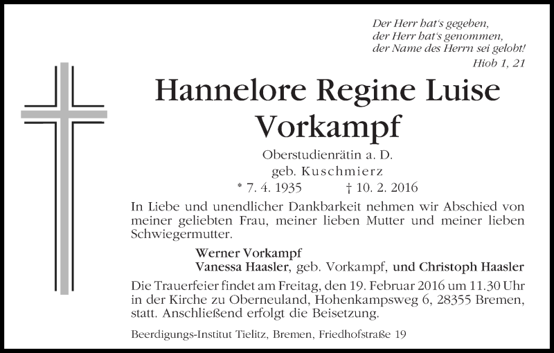 Traueranzeige von Hannelore Regine Luise Vorkampf von WESER-KURIER
