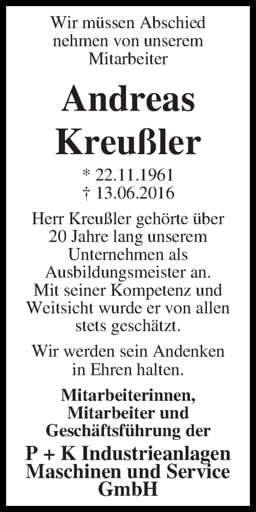 Traueranzeige von Andreas Kreußler von WESER-KURIER