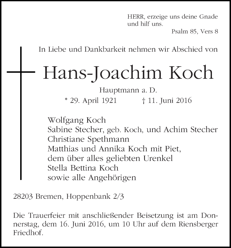 Traueranzeige von Hans-Joachim Koch von WESER-KURIER