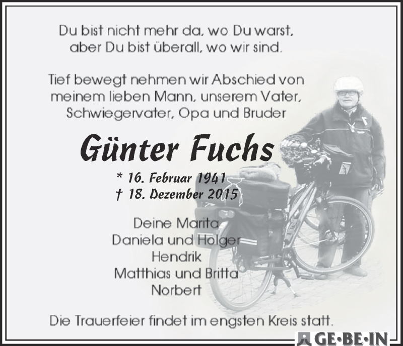 Traueranzeige von Günter Fuchs von WESER-KURIER