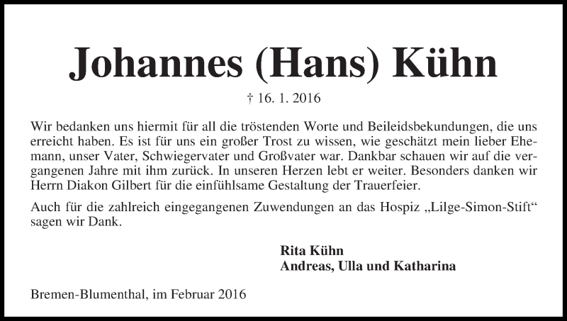 Traueranzeige von Johannes Kühn von Die Norddeutsche