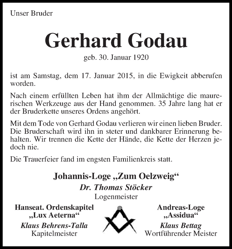 Traueranzeige von Gehard Godau von WESER-KURIER