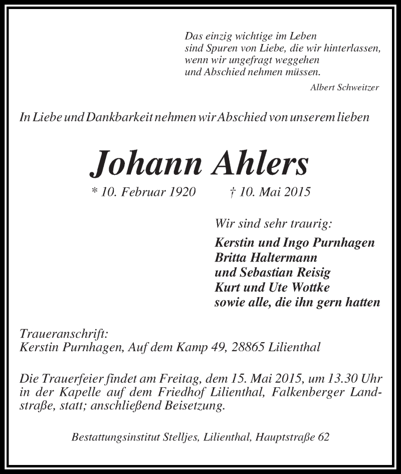 Traueranzeige von Johann Ahlers von Wuemme Zeitung