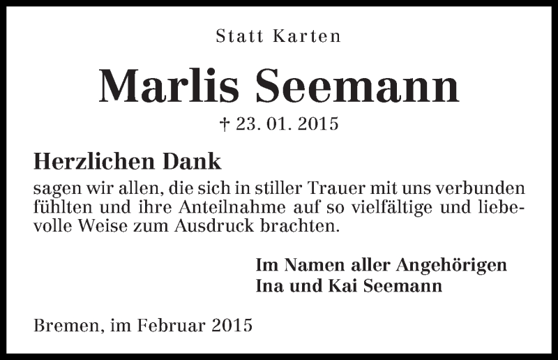 Traueranzeige von Marlis Seemann von Die Norddeutsche