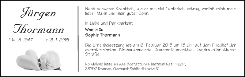 Traueranzeige von Jürgen Thormann von Die Norddeutsche