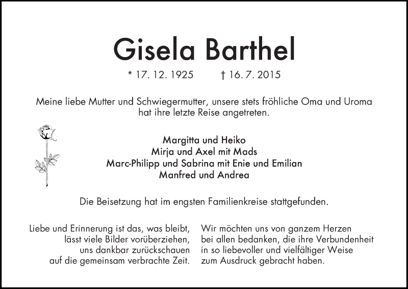 Traueranzeige von Gisela Barthel von Die Norddeutsche