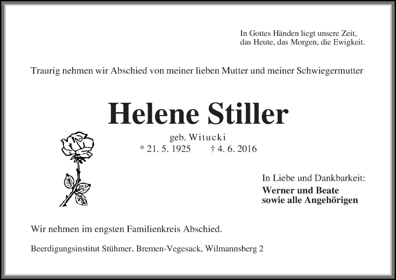Traueranzeige von Helene Stiller von Die Norddeutsche