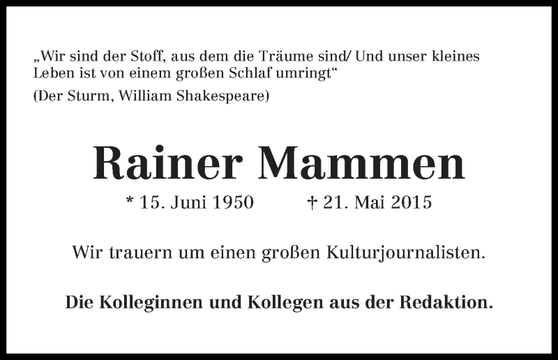 Traueranzeige von Rainer Mammen von WESER-KURIER