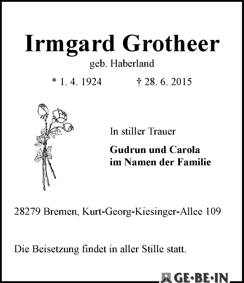 Traueranzeige von Irmgard Grotheer von WESER-KURIER