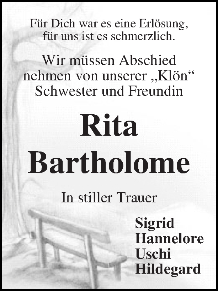 Traueranzeige von Rita Bartholome von WESER-KURIER