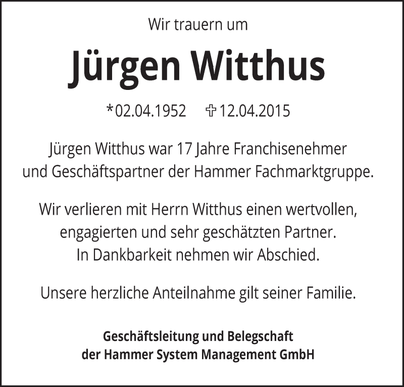 Traueranzeige von Jürgen Witthus von Die Norddeutsche