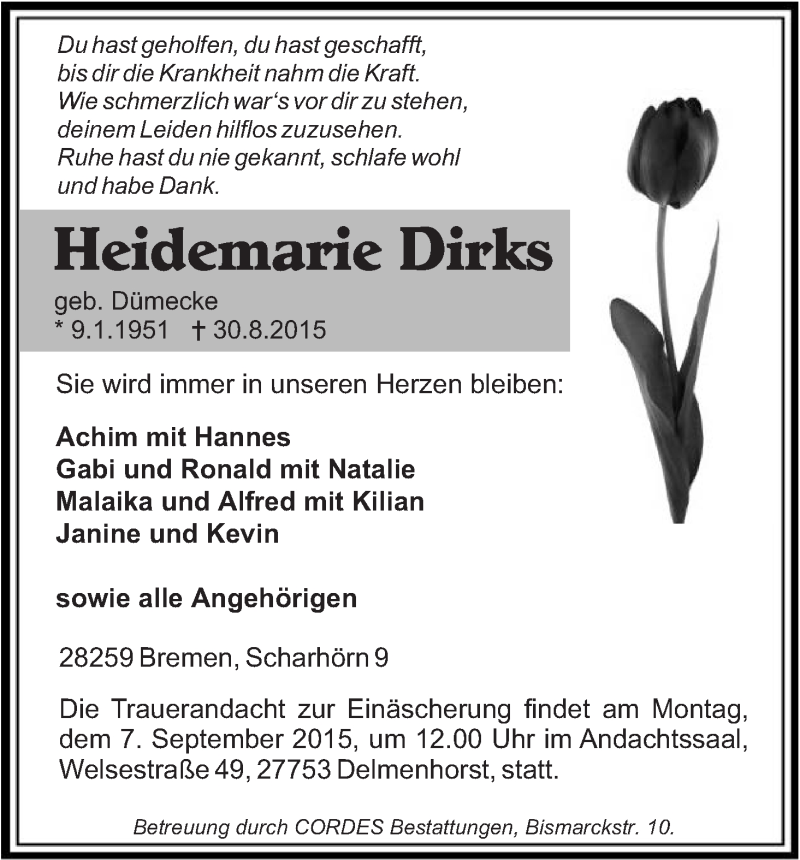 Traueranzeige von Heidemarie Dirks von WESER-KURIER