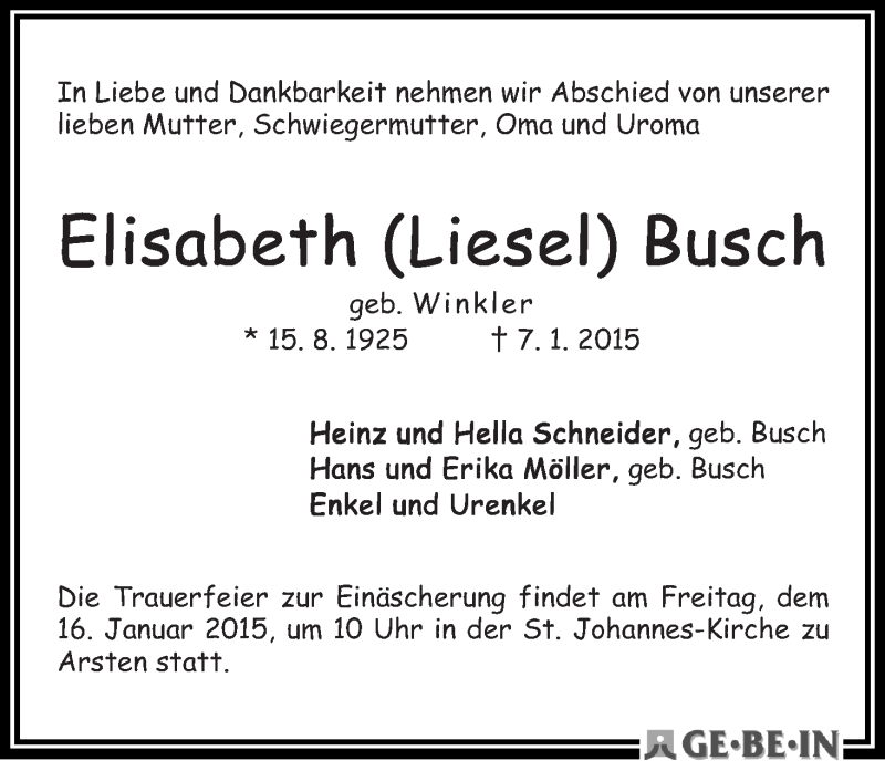 Traueranzeige von Elisabeth (Liesel) Busch von WESER-KURIER