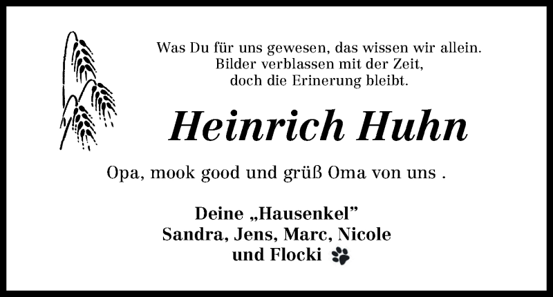 Traueranzeige von Heinrich Huhn von Osterholzer Kreisblatt