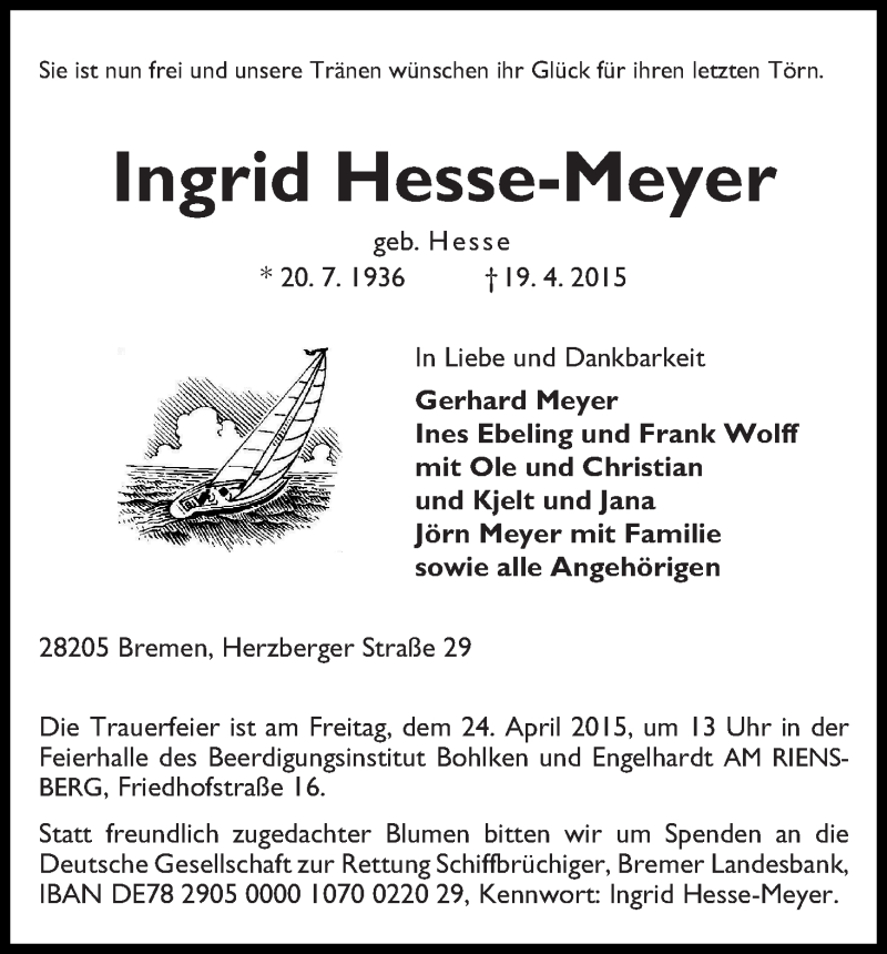 Traueranzeige von Ingrid Hesse-Meyer von WESER-KURIER