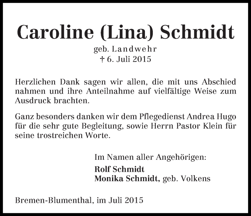Traueranzeige von Caroline (Lina) Schmidt von Die Norddeutsche