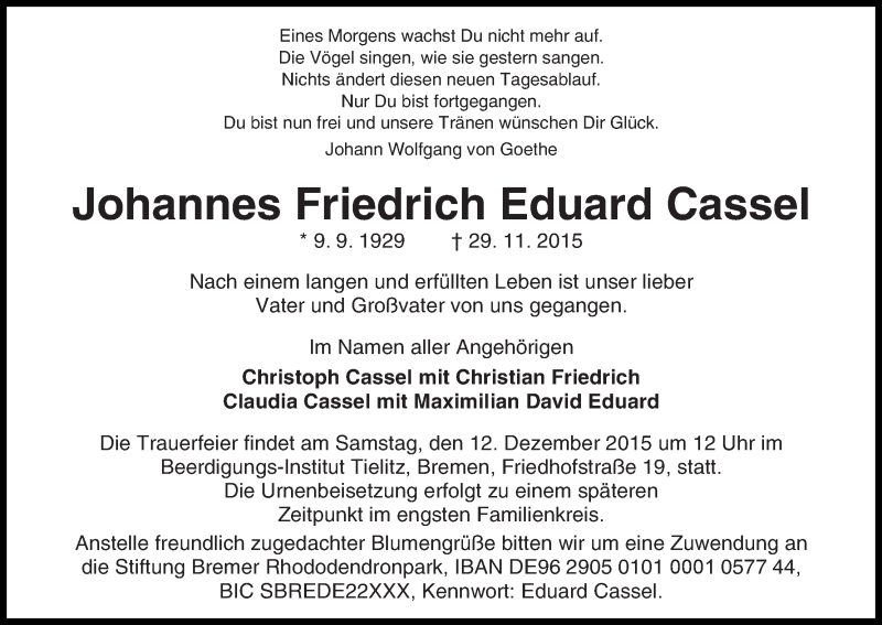 Traueranzeige von Johannes Friedrich Eduard Cassel von WESER-KURIER