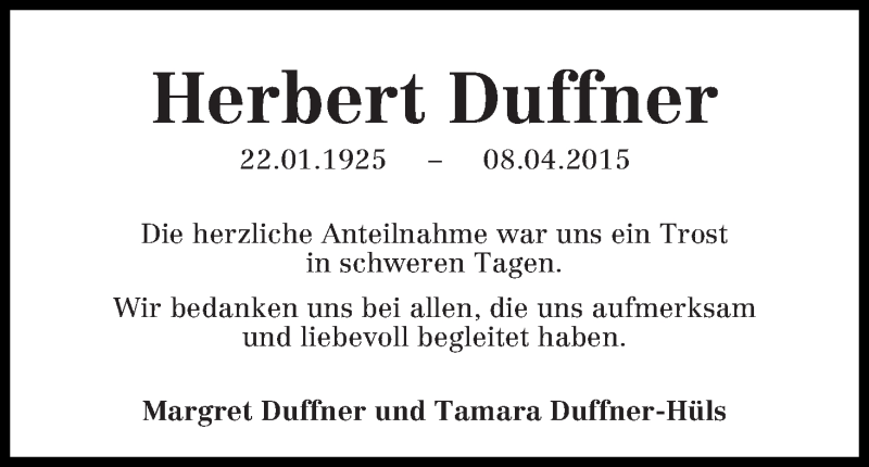 Traueranzeige von Herbert Duffner von WESER-KURIER