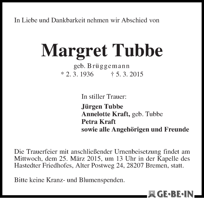 Traueranzeige von Margret Tubbe von WESER-KURIER