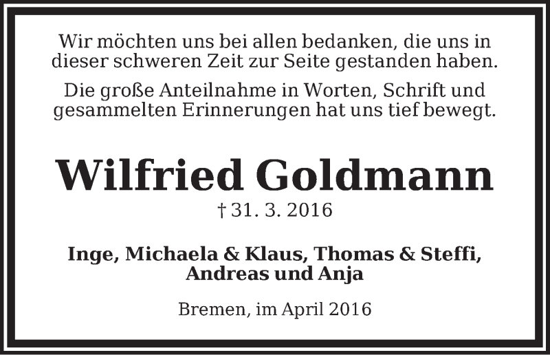 Traueranzeige von Wilfried Goldmann von WESER-KURIER