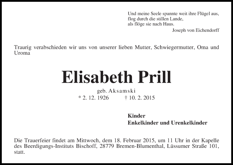 Traueranzeige von Elisabeth Prill von Die Norddeutsche