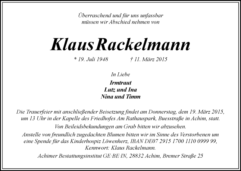 Traueranzeige von Klaus Rackelmann von Achimer Kurier/Verdener Nachrichten
