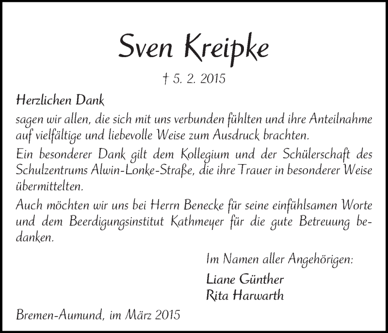 Traueranzeige von Sven Kreipke von Die Norddeutsche