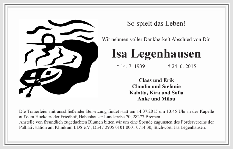 Traueranzeige von Isa Legenhausen von WESER-KURIER