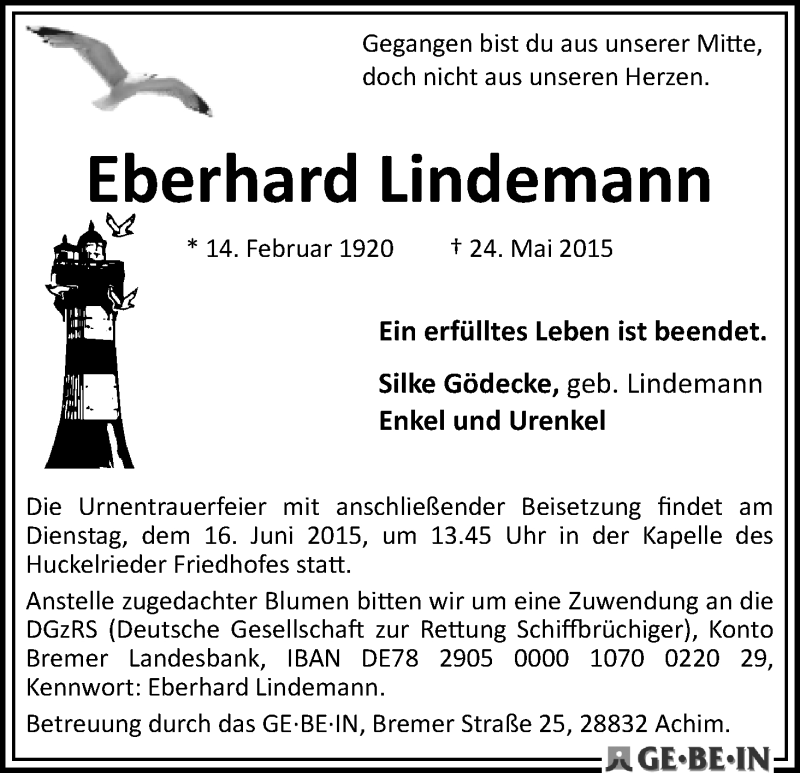 Traueranzeige von Eberhard Lindemann von WESER-KURIER