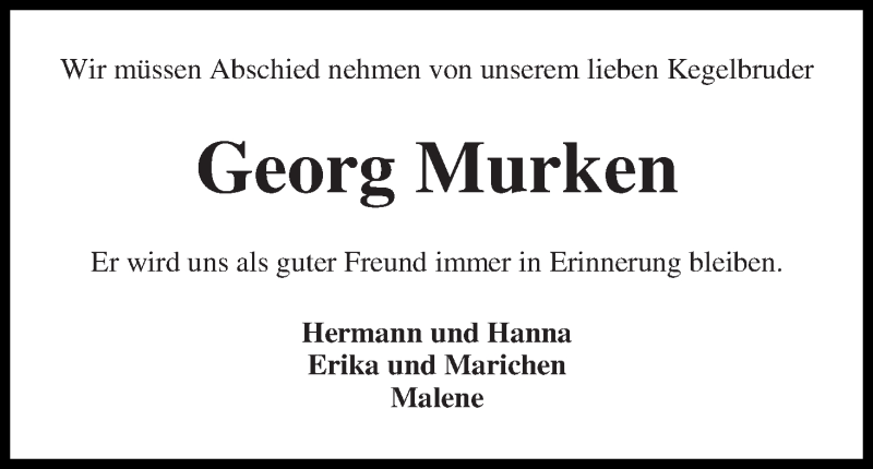 Traueranzeige von Georg Murken von Wuemme Zeitung
