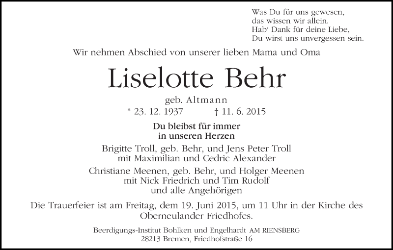 Traueranzeige von Lieslotte Behr von WESER-KURIER
