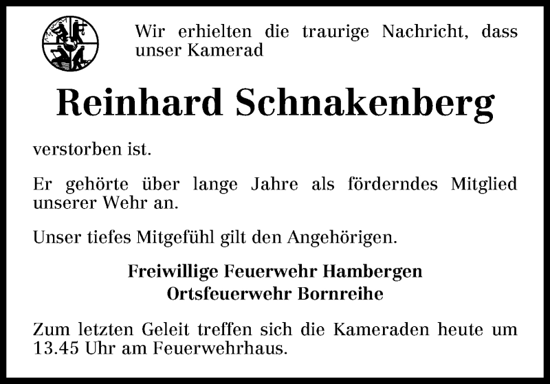 Traueranzeige von Reinhard Schnakenberg von Osterholzer Kreisblatt